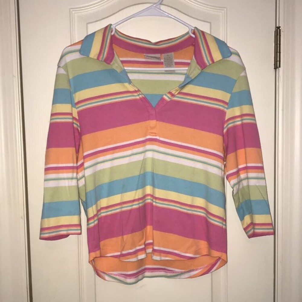 Multicolored Striped Three-Quarter Sleeve Polo